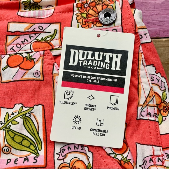NWT Duluth Small x35L Heirloom Gardening Bib Overalls Coral Seed Packets Farming - Picture 7 of 9